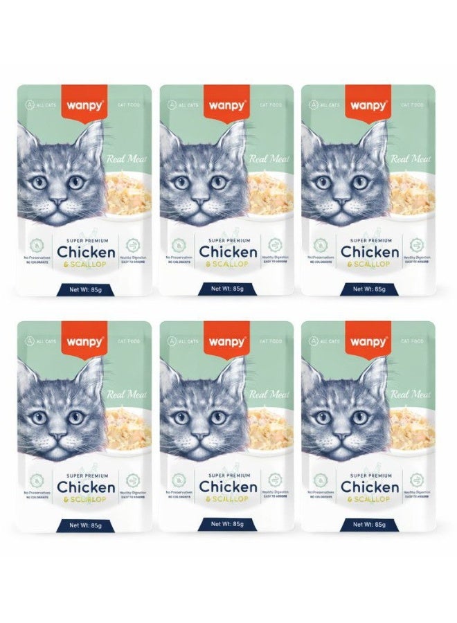 Super Premium Wet Cat Food with Chicken & Scallop – Real Meat Pouch – Healthy Digestion & Easy Absorption – 85 g (Pack of 6)